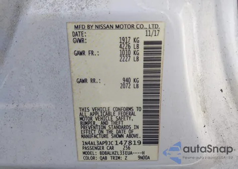 2018 Nissan Altima 2.5/S/Sv/Sl/Sr из США, поврежденный, VIN 1N4AL3AP9JC147819